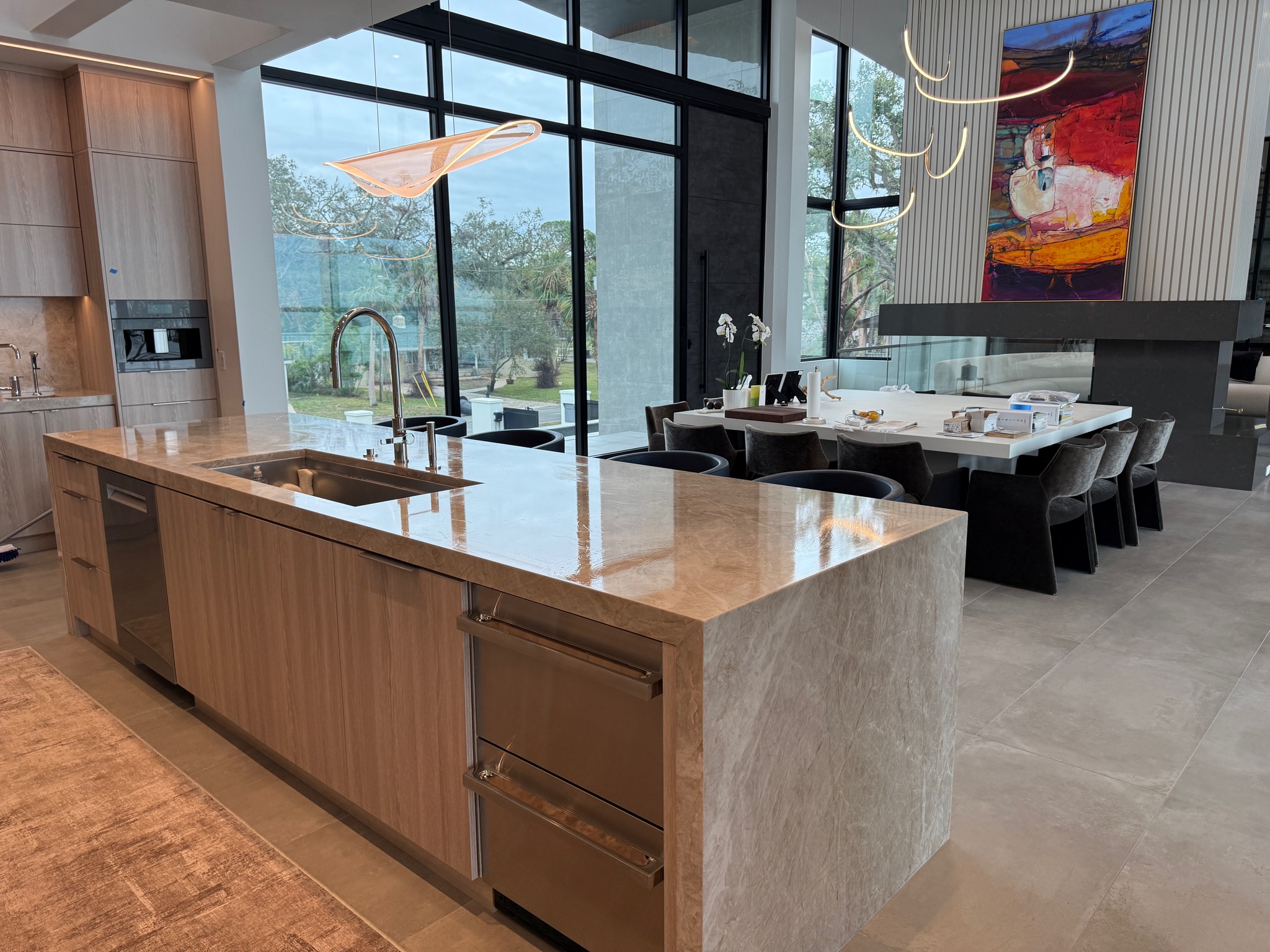 Corporate lobby quartz desk surface